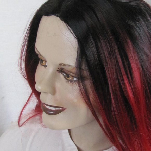 Ladies Synthetic Black & Bright Red Highlights Long Layered Wave Wig 27" - Picture 3 of 6